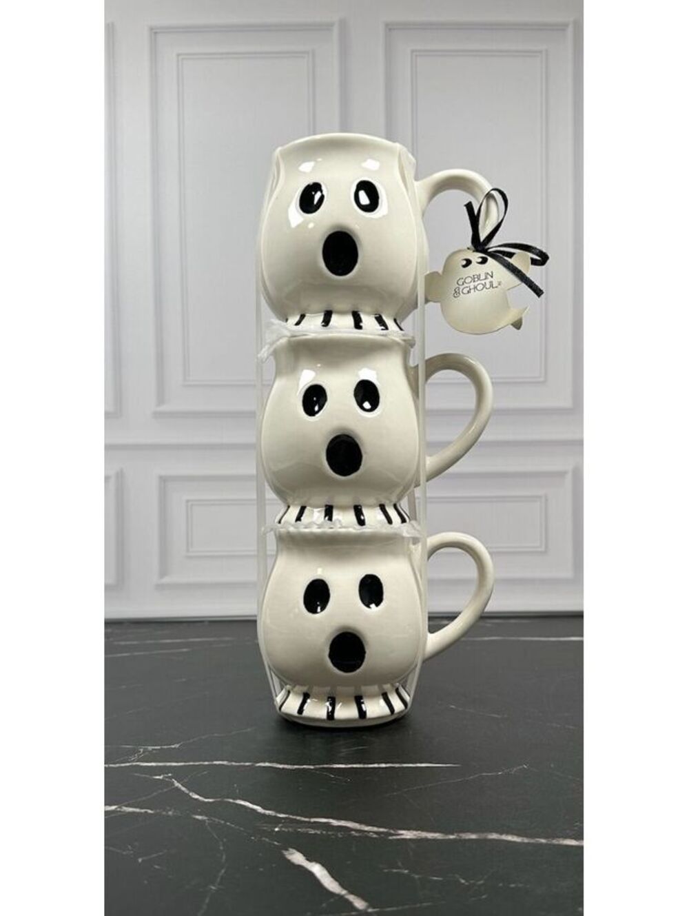 Goblin & Ghoul Ghost Mugs with Black and White Striped Base 3 Stacking Mugs